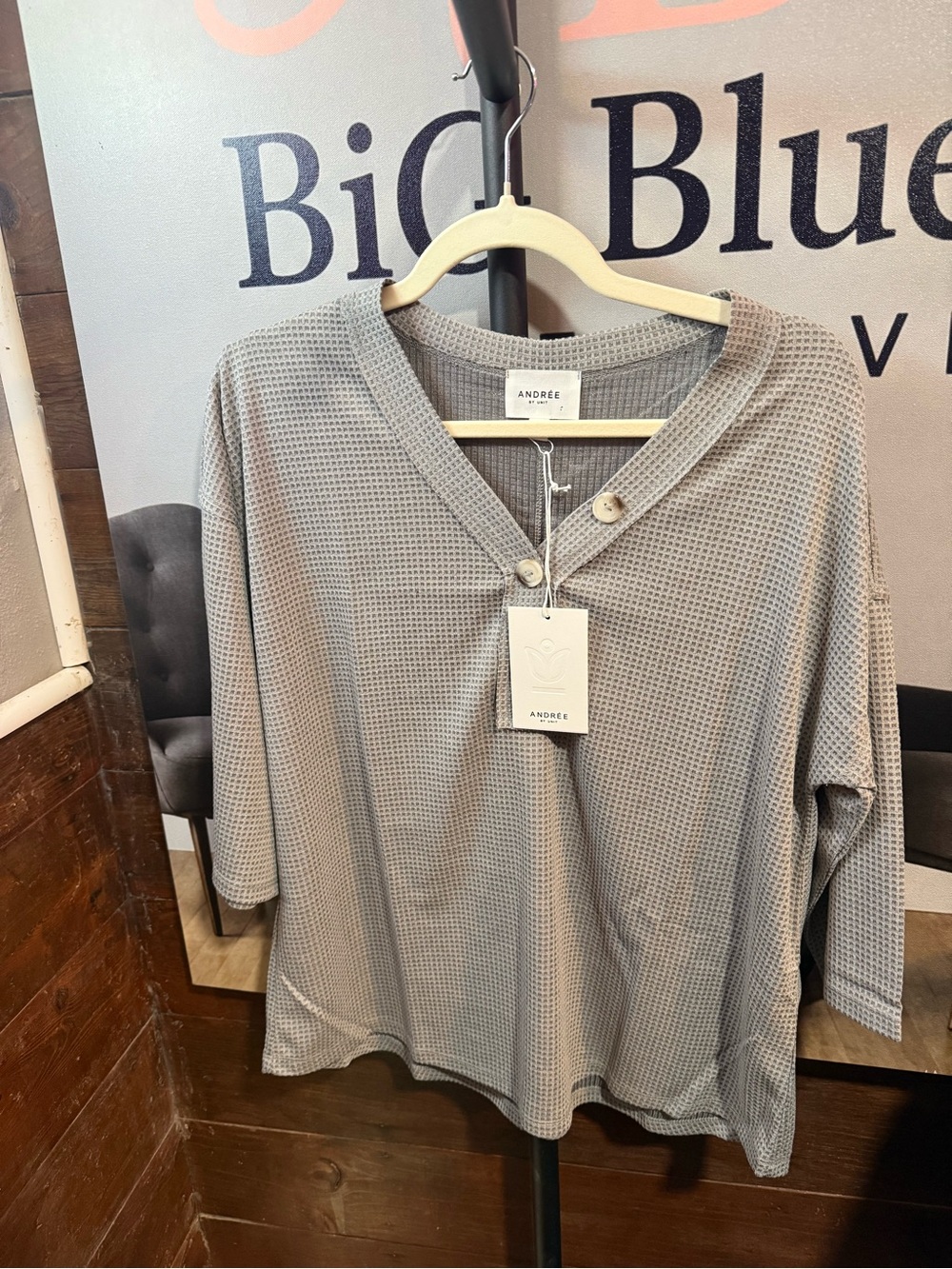 Andree Women's Light Gray Waffle Knit Button V-Neck Pullover